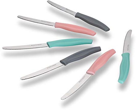 ECHTWERK cuchillo de pan/cuchillo de desayuno, de acero inoxidable con filo de sierra, adecuado para panecillos, baguettes, frutas firmes y pasteles, mango ergonómico de plástico, Color, 6 uds.