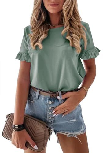 PRETTYGARDEN Women's Short Sleeve Casual T Shirts Summer Ruffle Plain Round Neck Loose Fit Tee Blouse Tops (Green,S)