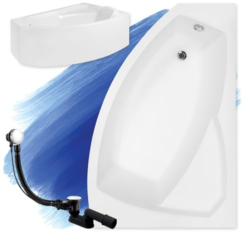 Baignoire d'angle Rima d'origine blanche en acrylique 170 x 110 cm - Kit complet avec tablier en acrylique blanc + pieds et bonde automatique exclusive chromée - Fabriqué en UE - 4 en 1