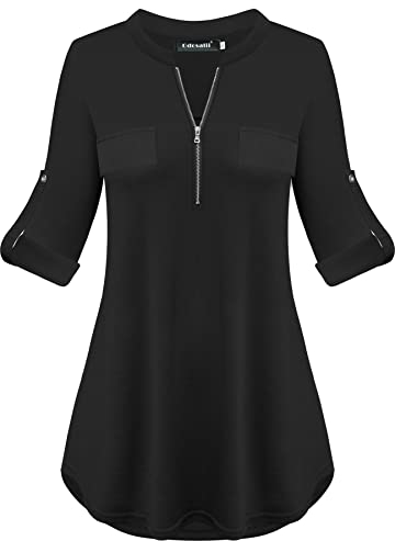 Odosalii Business Kleidung Damen Sommer 3/4 Ärmel V-Ausschnitt Büro Blusen Schwarz Oberteile