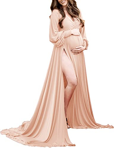 Abito Premaman con Maniche a Vescovo per Baby Shower Abito Avvolgente Spacco Laterale Sweetheart Maxi Servizio Fotografico per Fotografia, 39 Champagne, L
