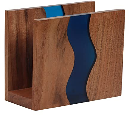 LAVAUK Acacia wood & Transparent Epoxy resin Napkin holder for table, Rustic farmhouse napkin organisation for kitchen, dining, counter tops, restaurant or outdoors | 6x5x2.5 inches| Blue