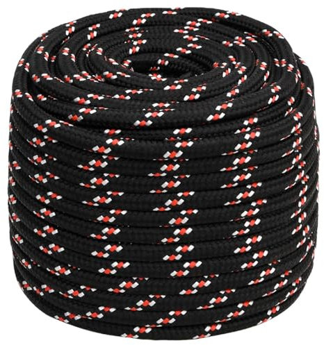 Homgoday Corda per barche, corda di ancoraggio, corda per ormeggio, fune intrecciata, corda da giardino, per attività all'aperto, per nautica, vela, poliestere, nero, 18 mm, 25 m, polipropilene