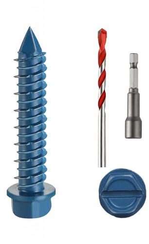 3/16 x 1-1/4 Concrete Screws, 100 PCS Blue Hex Washer Head Concrete Screws Anchor Kit with Drill Bit and Hex Bit Socket, for Masonry, Cement, Block, Brick or Stucco
