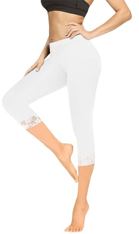 Geyuwoz leggings dam 3/4 hög midja caprileggings ogenomskinliga capribyxor sommar bomull leggings med spets sportbyxor leggings 7/8 för kvinnor yoga gym, Vit, L