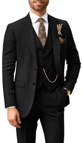 BONOW Completo da uomo in tweed in 3 pezzi, stile retrò, con risvolto a spina di pesce, blazer e pantaloni, per matrimoni e affari, nero, M