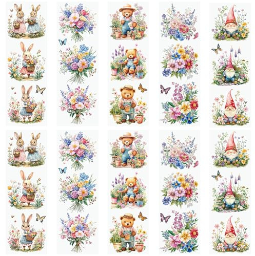 WANDIC 10 fogli di adesivi a molla, per decorazioni fai da te, decorazioni per mobili classici, conigli, fiori, trasferimenti per tavoli in legno, 10 x 30 cm