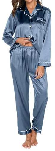 TeJoyce Pigiama Donna in Seta, Pigiami 2 Pezzi in Raso, Camicia a Maniche Lunghe con Bottoni e Pantaloni Abbinati, Abbigliamento Notte Donna Leggero e Traspirante per Casa