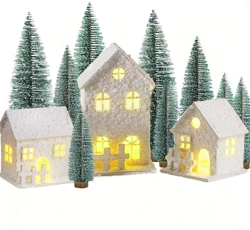 LUKIUP 3 Pièces Village de Noel avec 9 Pièces Mini Sapins Noël 10/15/20 cm, Décorations Noël LED Weihnachtshaus, Alimentation par Batterie, Decoration Noel Cadeau Hiver