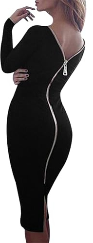 OMZIN Donne Cocktail Estate Vestito Bodycon Collo Rotondo Colore Solido Zipper Indietro Abiti Blk S