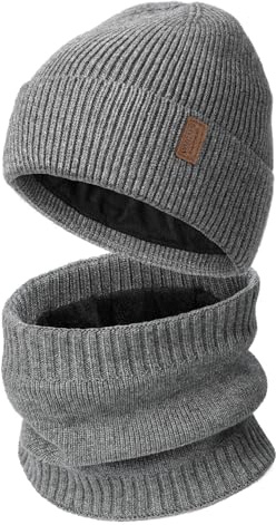 Wmcaps Wintermütze Schal Set für Herren Damen, mit Fleece Gefütterte Strickmütze und Halswärmer Weich Warm Thermische Accessoires für Kaltes Wetter Unisex Geschenk für Männer Frauen, Grau