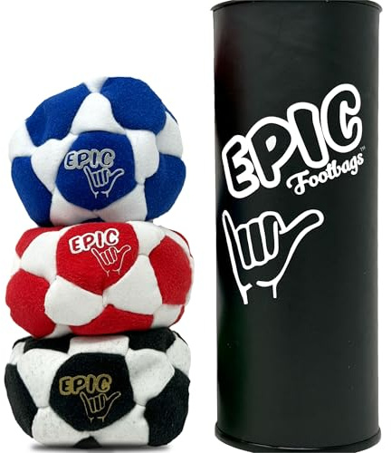 Epic Footbags Gift Set, 3 Standard Foot Bag Balls for Adults and Kids, Black White/White Red/White Blue