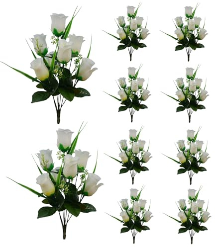 BEAHING 10 buketter konstgjord ros 30 cm realistiska sidenblommor med 7 huvuden för grav, bröllopsfest, heminredning, vit