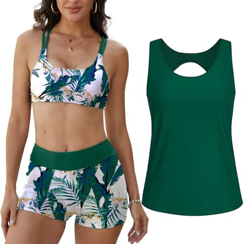 Yutdeng Traje de Baño para Mujer 3 Piezas Tankini Mujer Tres Piezas Bikini Push Up Cruzado Shorts Cintura Alta Camiseta sin Mangas Bañador Vientre Plano Swimwear Estampado Bañadores Deportivo Playa
