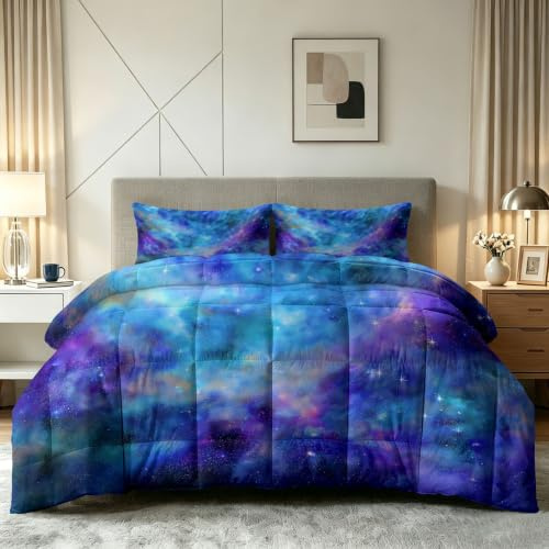 Couette sans Housse 4 Saisons Espace Univers, Réversible Édredon en Lavable 200 x 200 cm Ciel Étoilé Nébuleuse - Linge de Lit d'Été, Légère et Chaude avec 2 Taies d'oreiller - Hypoallergénique