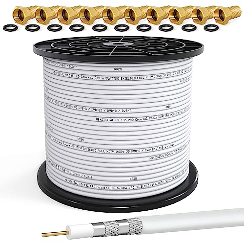 HB-DIGITAL 250m Câble Coaxial HQ-135 Câble d'Antenne 135dB Câble SAT 8K 4K UHD 4 Fois Blindé Pour les Systèmes DVB-S / S2 DVB-C / C2 DVB-T / T2 DAB+ Radio BK + 10 F-Plug GRATUIT