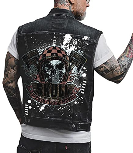 ORANDESIGNE Chaleco de Mezclilla de Hombre con Estampado de Calavera Punk Chaqueta Sin Mangas Vaquero Lavado de Moto