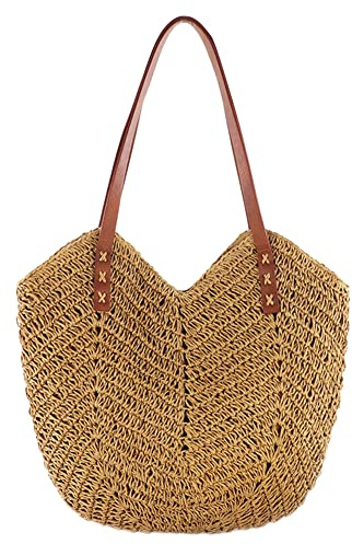 LYEAA Straw Bag Handbag Large Capacity Summer Beach Bag for Women Rattan Shoulder Handbag Straw Woven Tote Bamboo Handbag Wicker Bag Holiday Travel for Mothers Gift, brown