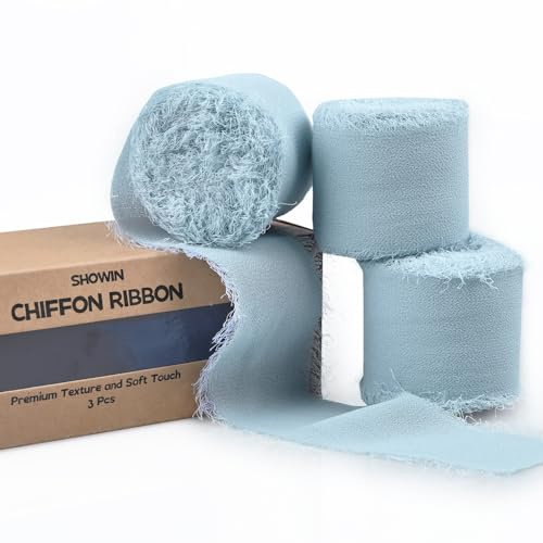 3 Rolls Light Blue Handmade Fringe Chiffon Ribbon 1.5 x 7Yd Silk-Like Colorful Rustic Ribbon for Bouquets Wrapping Decor Wedding Invitation Accessories