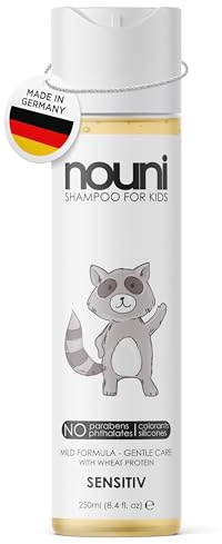 nouni Kindershampoo – Ohne Parabene, Silikone & Farbstoffe – Vegan, Tränenfrei, Sanft zur Kopfhaut – Leichte Kämmbarkeit – Mit Weizenprotein & Granatapfelduft – 250ml