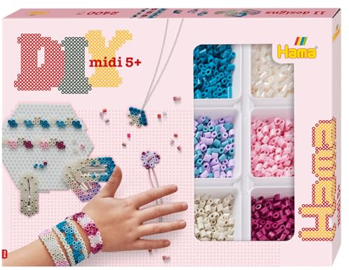 Hama Perlen 3712 Perles de Repasser Boîte Cadeau Bijoux avec Environ 2400 Perles MIDI Comprend Modèle de Plaque Hexagonale en Papier de Repassage Accessoires Cheveux pour Enfants de 5 Ans et Plus