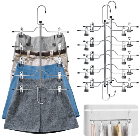 ZriEy Trouser Hangers with Clips, 3pcs*5-Tier hangers for clothes Space Saving coat hangers, Skirt Hangers with 10 Adjustable Non Slip Clips, for Slacks, Jeans, Towels, Shorts,Skirt, Silver