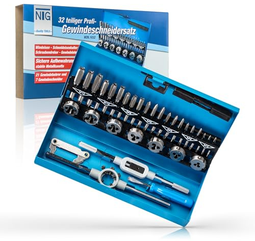 NTG Gewindeschneidesatz 32- tlg., Gewindeschneider Set inkl. Aufbewahrungskoffer, M3, M4, M5, M6, M8, M10, M12 - für Innen & Außengewinde - präzise und zuverlässig -