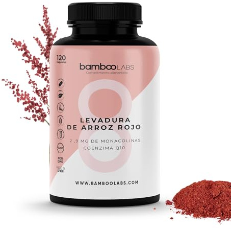 Bamboo Labs - Levure de Riz Rouge avec Coenzyme Q10 et Vitamine B3 pour Réduire le Cholestérol et un Cœur en Bonne Santé, 120 Gélules à Base de Levure Riz Rouge et de Monacolines K d'Origine Naturelle