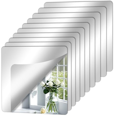 QEEYON 10 Stück Klebespiegel Selbstklebend,15 x 15 cm Spiegel zum Kleben, 2mm Acrylspiegel Flexible Spiegelfolie Selbstklebend Spiegel für Wand Zuhause Wohnzimmer Badezimmer