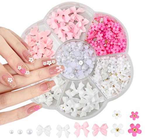 Flower Bow Manicure Kit Pink White 3D Flower Bow Half Pearls Nail Gems 3D Acrylic Flowers Bows Nail Charms for Women Girls