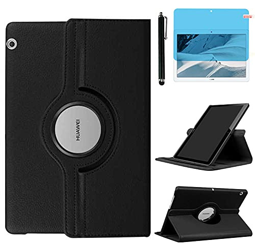 Case for Huawei Mediapad M5 Lite 10 10.1 Inch 2018 Tablet, 360 Degree Rotating Stand Case Ful Protective Cover, with Stylus Pen,Screen Film (Black)