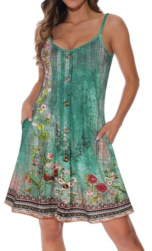 florynova Women Summer Dresses Spaghetti Strap Sundress Sleeveless V Neck Beach Dress with Pockets(Green Flower,L)