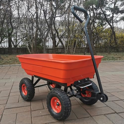 YANGC Carretilla de Jardín con Ruedas, 4 Ruedas Neumáticas, Estructura de Acero, Volquete de Plástico, Mango de Agarre Suave, Multiuso Pesado para Herramientas, Plantas, Hojas, Transporte