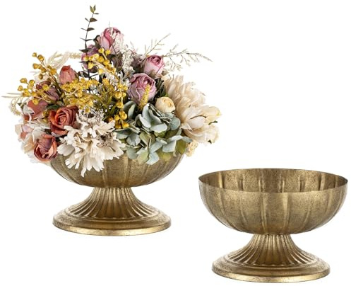 NUPTIO Florero Oro Envejecido Boda: Jarrones de Metal para Cumpleaños Centro de Mesa - Macetas Artificiales para Decoración de Interior Al Aire Libre Lote de 2