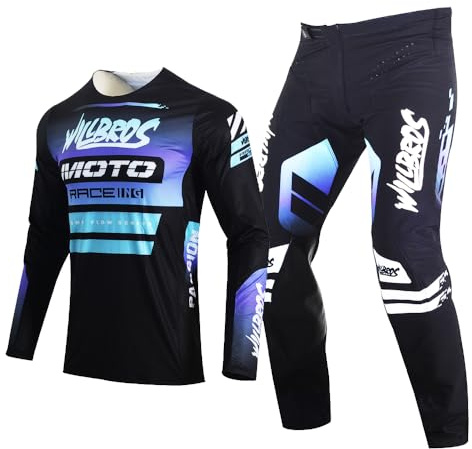 Willbros Motocross MX Pantalones Camiseta Combinación Pantalón Jersey Moto Motocicleta de Enduro BMX MTB Unisex Adulto Negro Púrpura (Jersey M Pants 32)