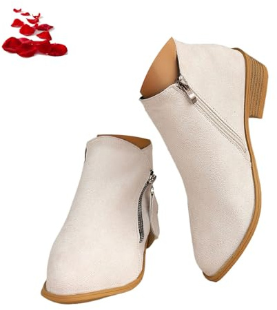 Botas de tobillo de ante para mujer con cremallera, botas de moda con punta y tacón bajo grueso para mujer, botas de gamuza con cremallera lateral, botas de caminar de suela deslizante, beige, 0 UK