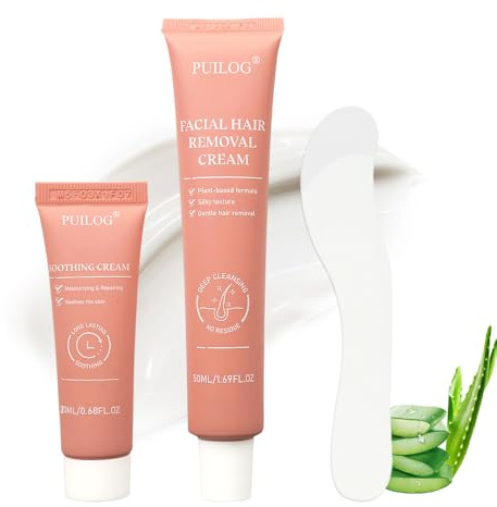 Gentle Facial Hair Removal Cream Kit for Women Face Sensitive Skin - Painless Depilatory Cream for Upper Lip Chin with Soothing Cream & Spatula, 4 Min Flawless At-Home Hair Remover, 2.37 Fl.Oz