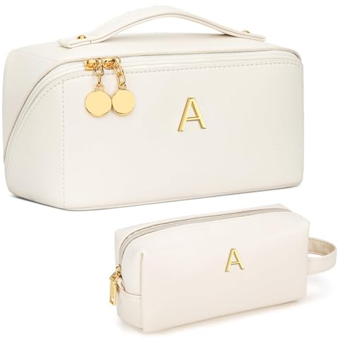 KKXIU Initial Makeup Bag for Women, Personalized Gifts for Women | Travel Toiletry Bag with Faux Leather, Cosmetic Bag Set with Multi-Pocket, Open Flat Design with Top Handle, Beige, A