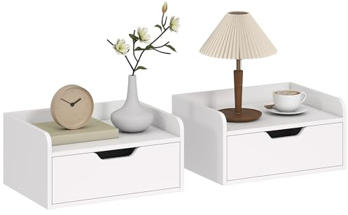 HOMCOM Floating Nightstands Set of 2 Wall Mounted Bedside Table White | Storage Drawer, for Bedroom