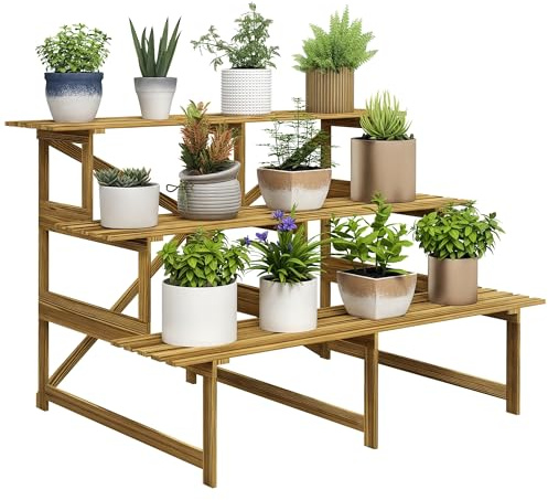 Outsunny Porte-plantes à 3 étages, Porte-fleurs pliable de 78 cm de haut pour l'intérieur et l'extérieur, Étagère à plantes en bois, Tabouret à fleurs avec plateaux, Escalier à fleurs pour salon,