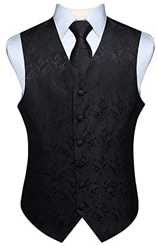 Enlision Men's Paisley Floral Wedding Party Jacquard Waistcoat&Necktie and Pocket Square Vest Suit Set, Black-1, 5XL(Chest size 60)