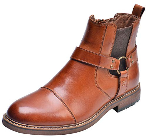 rismart Hombre Cuero Tobillo Botines Chelsea Dedo del pie Gorra Botín Cremallera(Bronceado,40 EU)