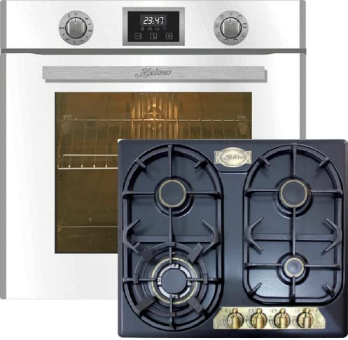 Kaiser Küchengeräte Backofen-Set EH 6326 W + KG 6325 Em Turbo, Elektro Einbau Backofen, Autark, 79L, 10 Funktionen + Retro Einbau Gas- Kochfeld 60 cm, Emailliert Schwarz, 3,8 kW WOK
