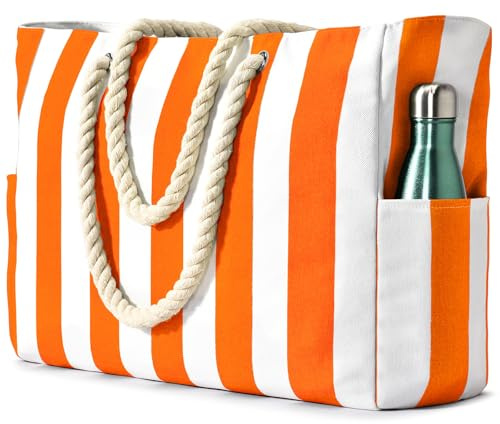 Becokan Beach Bags for Women Pool Bag Waterproof Sandproof Beach Bag Large Beach Swim Bag with Zipper Stripe Beach Bag Tote