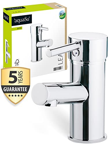 AquaSu® 795500 Lea Mitigeur de lavabo avec buse de mitigeur à levier unique pour salle de bain avec cartouche en céramique, robinet haute pression, garniture excentrique, noyau en laiton, chromé