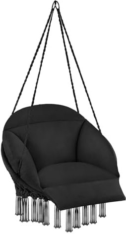 tectake® Columpio Jardín Exterior, Silla Colgante con Cojín Grueso Extraíble, Sillón Balancín con Robustas Cuerdas de Sujeción y 2 Anillas de Fijación, Hamaca Colgante para Interior y Exterior - negro