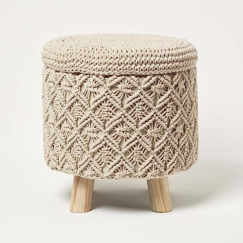 HOMESCAPES Pouf bohème Indy, Pouf Coffre de Rangement, Petit Tabouret macramé Ecru