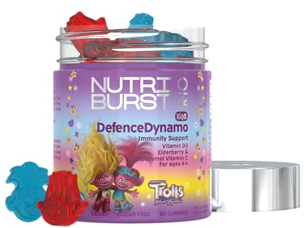 Nutriburst Trolls Kids DefenceDynamo - Immune Support & Energy - Vitamin D3 (25µg), Vitamin C (90mg) + Black Elderberry Extract (50mg) - Vegan + Chewable + Sugar Free - Blueberry Flavour - 60 Gummies
