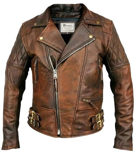 Men’s Leather Motorcycle Jacket Cafe Racer Classic Lapel Style Collar Lambskin Biker Brando Leather Jacket (S, Brown Real Leather Jacket)