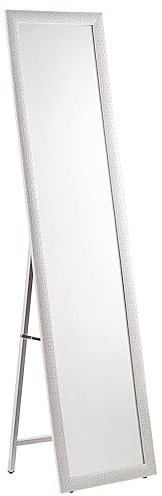Baroni Home Specchio da Terra con Struttura in Acciaio, Specchio a Figura Intera con Supporto Pieghevole con Cornice Decorata in Legno, Geometrico Bianco, 40x150 cm